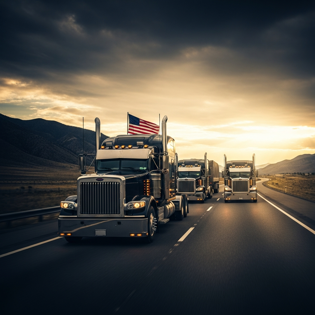 Convoy of American long-haul trucks driving together at golden hour